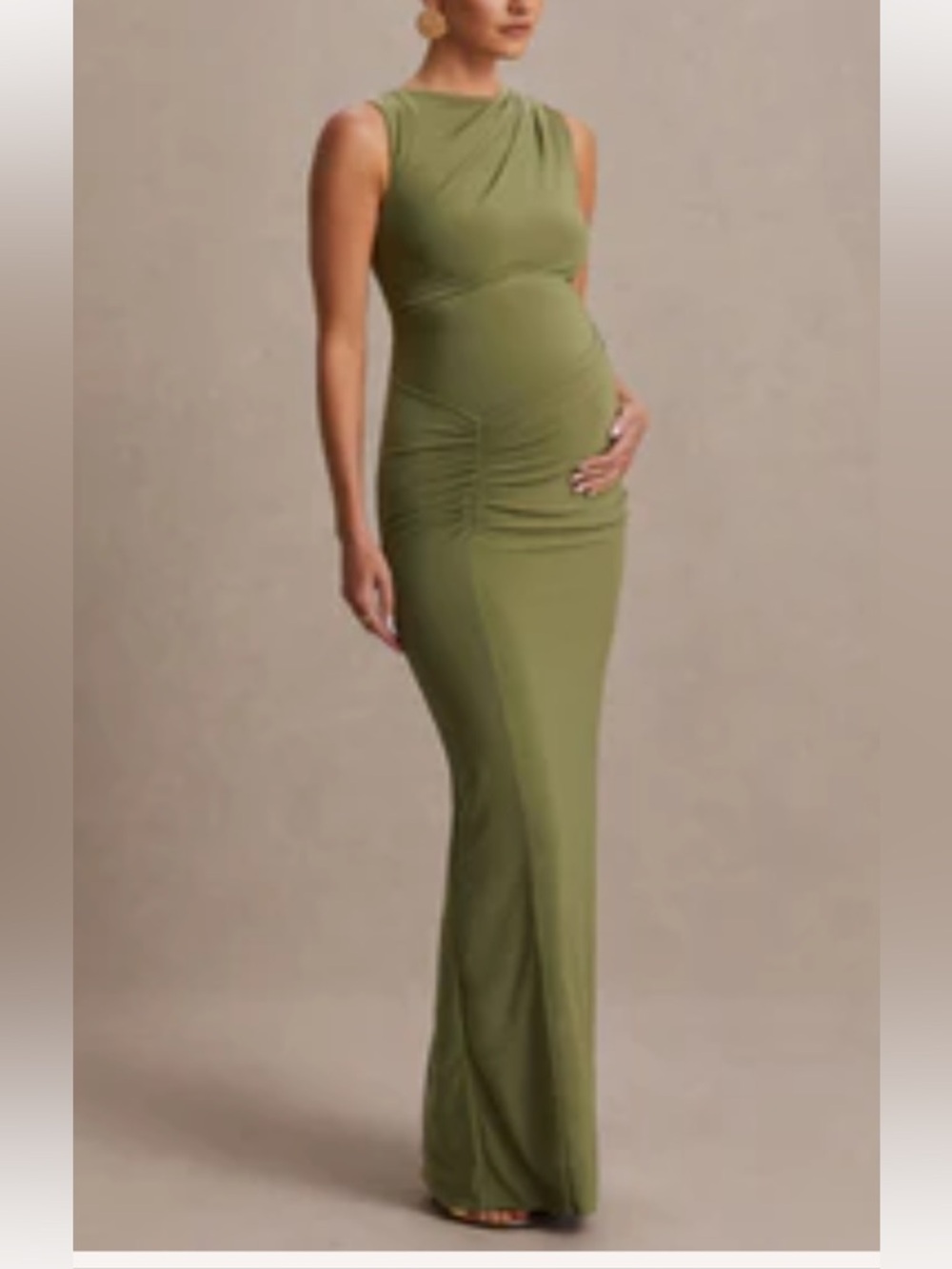 Raven Olive Boat-Neck Maternity Maxi Dress With Gathered-Detailing